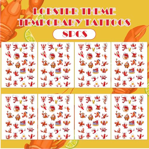 8 Sheets 200+ Crawfish Boil Temporary Tattoos Summer Seafood Lobster Crayfish Shrimp Tattoos Stickers Support Crayfish Boil Theme Birthday Party Favors Gifts Rewards Supplies