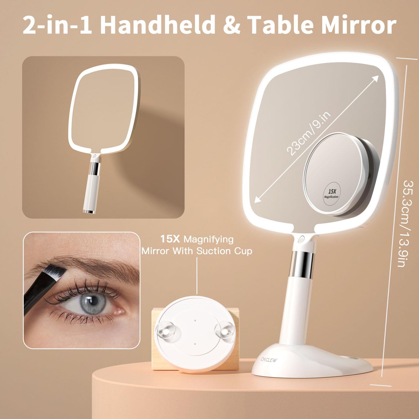 CHICLEW® Makeup Mirror with Lights, 1X/15X Magnifying Mirror with 60 LED Lights, Rechargeable 2 in 1 Hand held and Table Light Up Mirrors for Makeup, 3 Colors Lighting Modes, Stepless Dimming