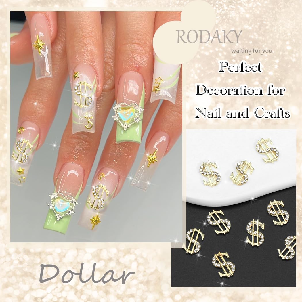 RODAKY 10PCS Gold Dollars Nail Charms 3D Alloy Money Sign Charms Shiny Nail Jewelry Luxury Nail Gems Rhinestone for Acrylic Nails Manicure DIY Decoration Accessories for Women and Girls