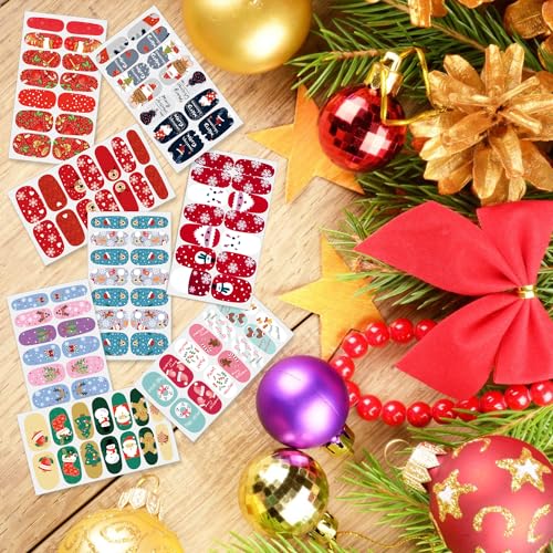 JERCLITY 224 Pieces 16 Sheets Christmas Nail Wraps Self-Adhesive Christmas Nail Polish Strips Santa Claus Snowflake Snowman Nail Strips Nail Stickers Full Nail Wraps for Women Nail Art