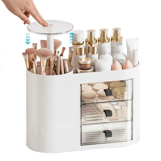 DASITON Makeup Organizer with 3 Drawers,Automatic Lifting Makeup Brush Holder with Lid,Large Capacity Makeup Organizers for Vanity,Bathroom Countertop,Ideal Storage Skin Care,Brushes,Lipstick (White)