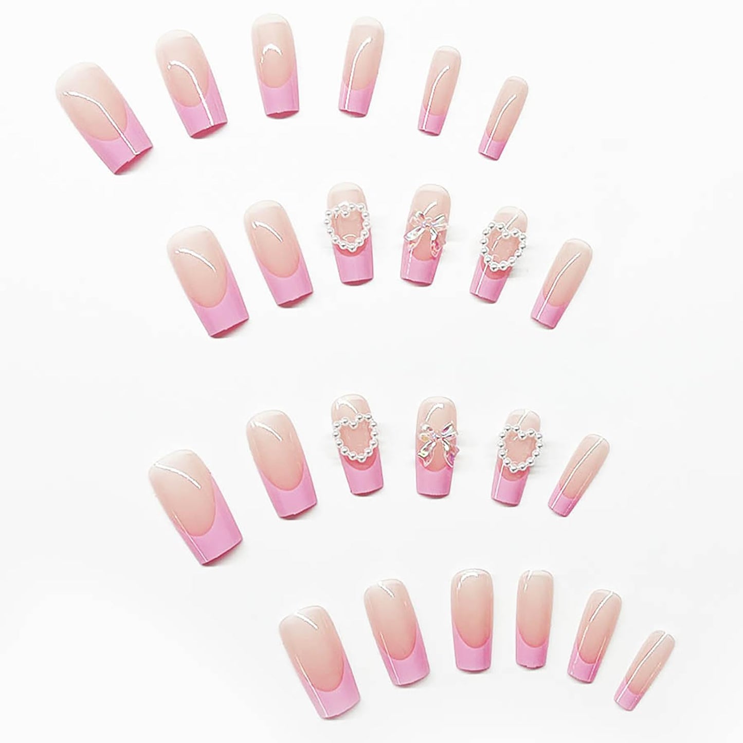 24 Pcs Acrylic Press on Nails Medium Coffin RIICFDD Fake Nails with Bow & Pearl Nail Charms Designs Nude Pink False Nails Spring Summer Press on Nail Artificial Full Cover Stick on Nails for Women