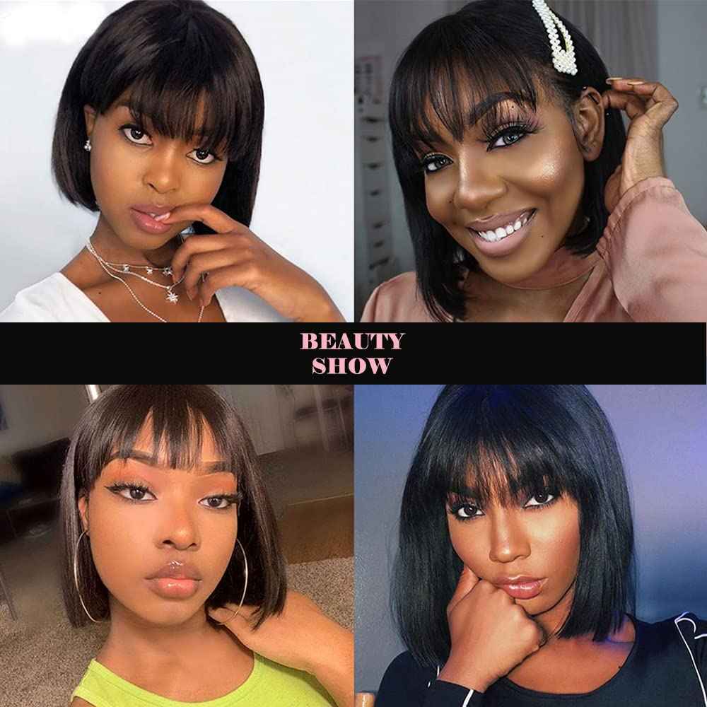 CINCIN Short Bob Wig with Bangs 100% Human Hair None Lace Front Machine Made Straight Bob Wigs for Women Natural Color Wigs Daily 14 Inch