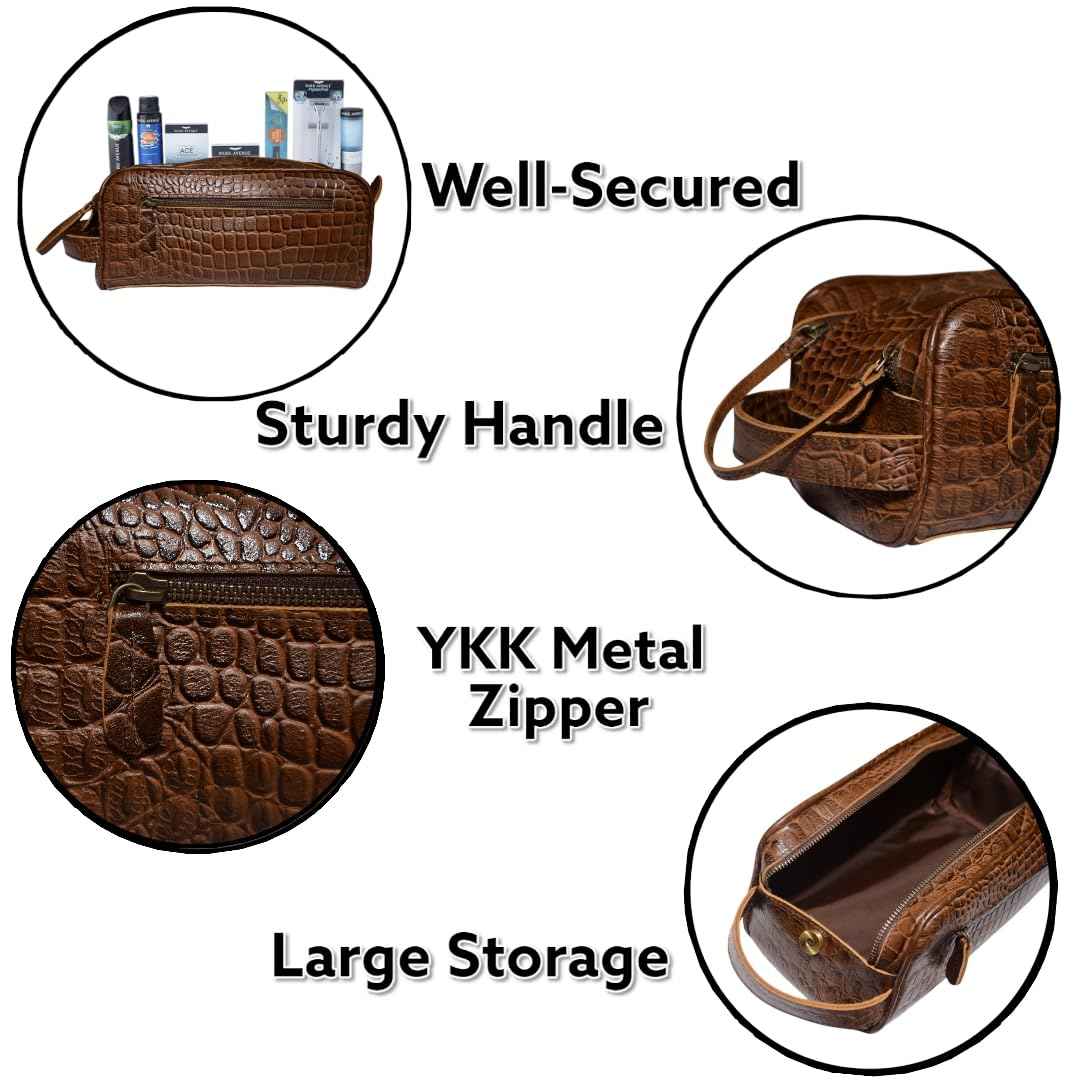 Premium Buffalo Leather Unisex Toiletry Bag Travel Kit (King Size )Shaving kit Accessories :Shaving Brush Case , Razor Protective Travel Case ( Combo of 4 Items) (Crocodile Print) (Croco Tan)