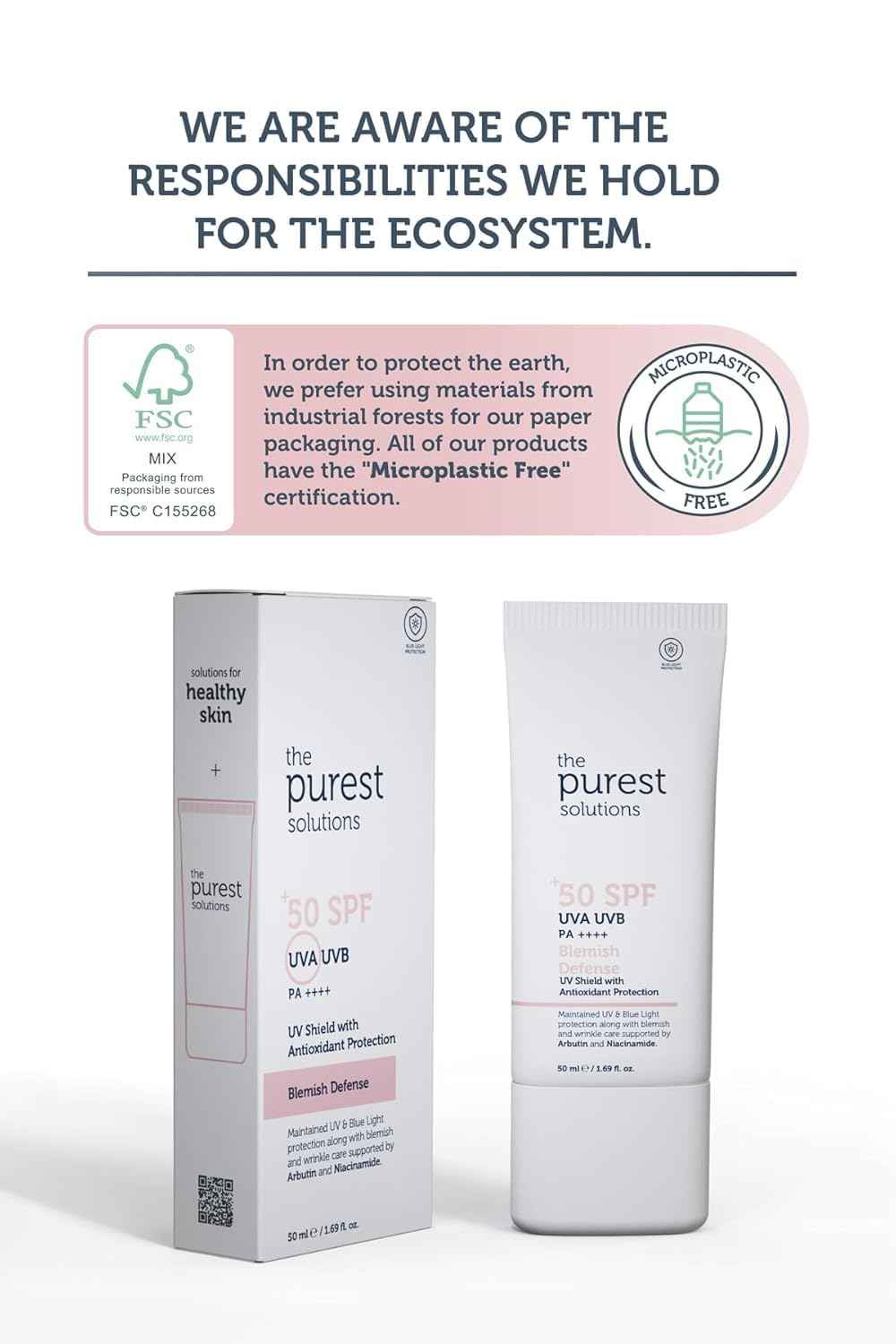 The Purest Solutions Blemish Defense (UV Shield with Antioxidant Protection SPF 50+) - 8h UVA Protection, Arbutin & Niacinamide for Skin Tone Harmonization and Moisturizers - Vegan (50 ml)