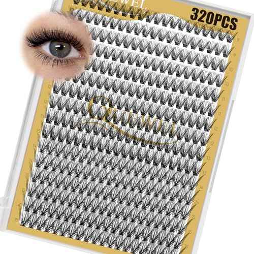 QUEWEL Lash Clusters 320Pcs Cluster Lashes 40D D Curl Lash Cluster Eyelash Extensions Mix9-16mm Individual Eyelashes Clusters Wispy Lash Clusters Thin Band Soft to Use at Home(40D D Mix9-16)