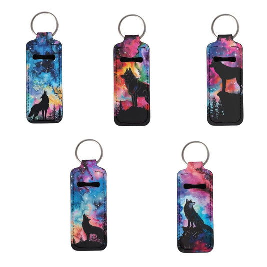 PCSJRKG Galaxy Wolf Printed Lipstick Holder Keychain Bulk, Lip Balm Holder for Lipstick, Chapstick, Lip Balm, Portable Chapstick Holder Keychain