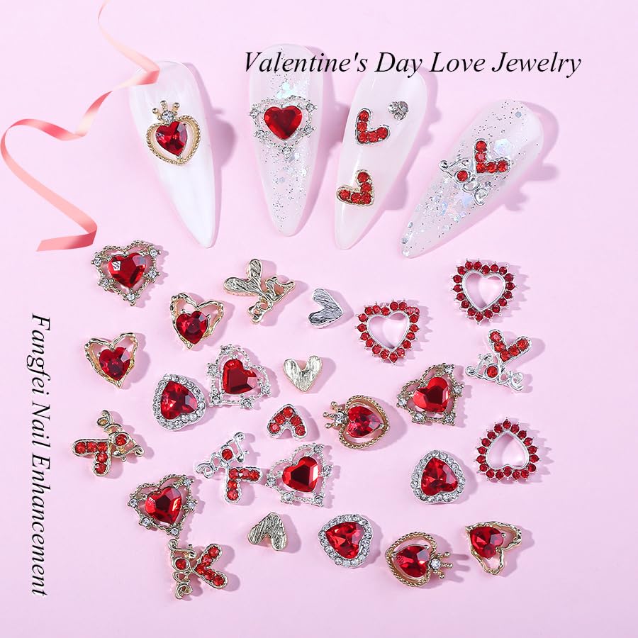 30 Pcs Valentine’s Day Nail Charms 3D Alloy Nail Art Charms 3D New Heart Love Shape Red Valentine's Day Gems Design for Manicure Craft DIY Diamond Nail Rhinestone Manicure Accessories