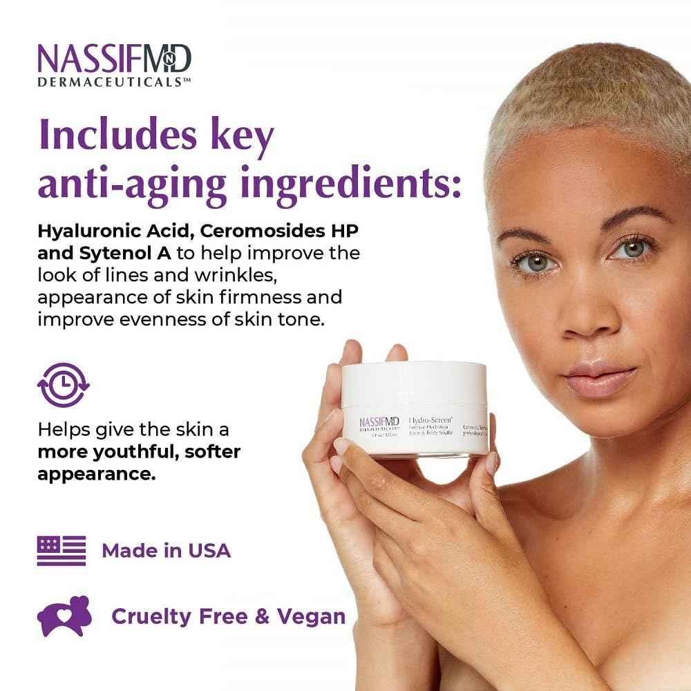 NASSIF MD Hydro-Screen Face And Body Souffle, Hydrating Skin Moisturizer, Hyaluronic Acid, Omega 3, Anti Aging, Even Skin Tone, 4 Fl Oz