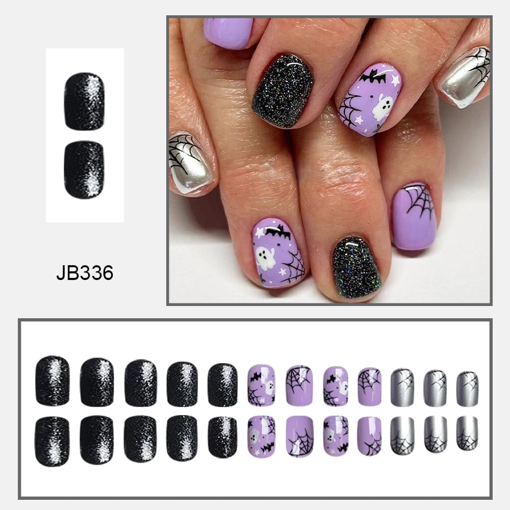 Halloween Purple Press on Nails Short Square Fake Nails with Black Glitter Design Halloween Glue on Nails Full Cover Halloween Nails Stick on Nails for Women Halloween Nail Art Decoration 24Pcs