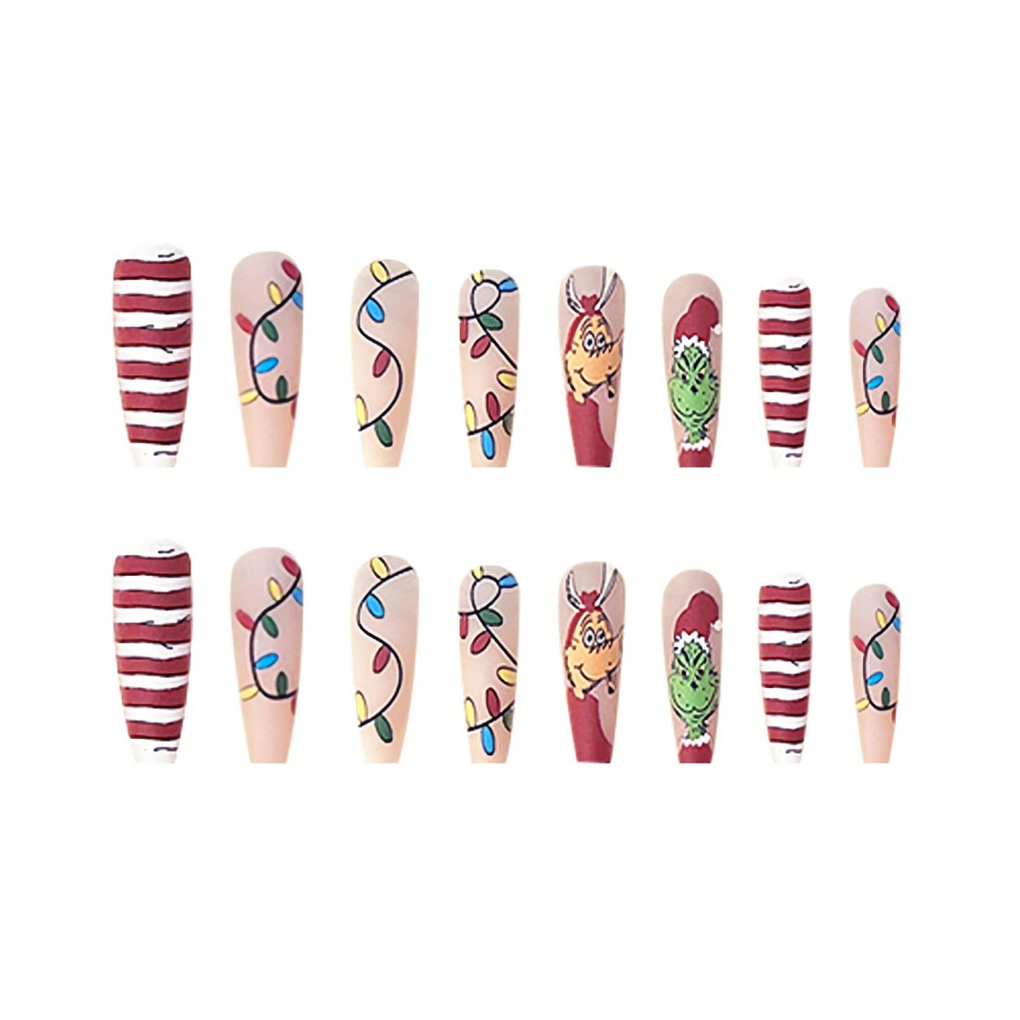 Christmas Press on Nails Long Coffin False Nails Red Fake Nails with Design Red and White Stripe Artificial Nails Full Cover Glue on Nails Cute Press on Nails Matte Cartoon Stick on Nails for Women