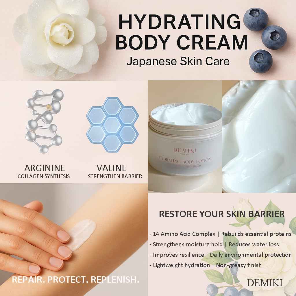 DEMIKI Body Lotion Moisturizer Skin Care with Squalane and Amino Acids - Japanese Body Lotion for Women, Beauty & Personal Care Body Cream, Perfume Moisturizer Skincare for Dry Skin 7.12fl.oz