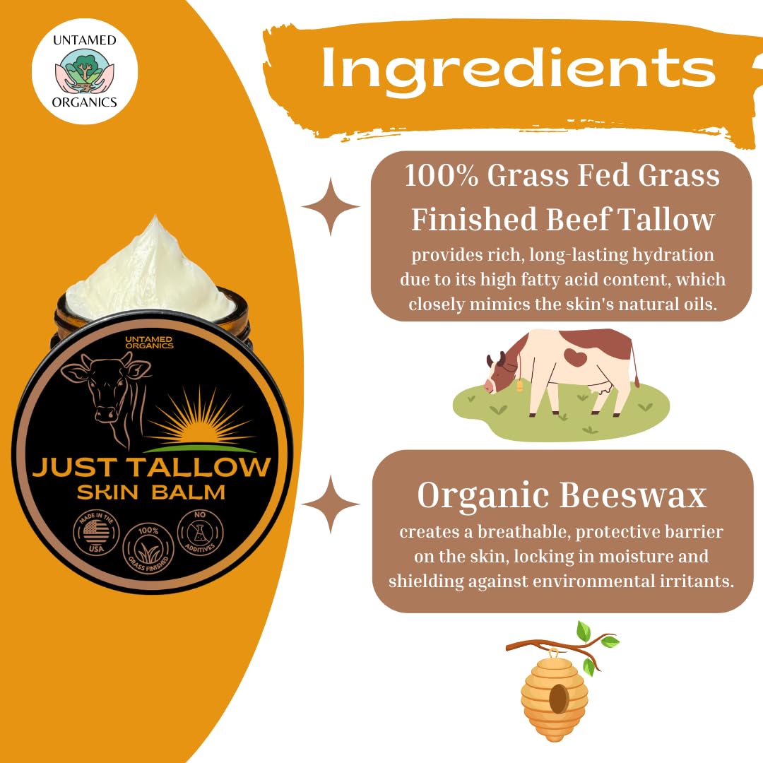 Untamed Organics Just Tallow 100% Grass-Fed Grass-Finished Beef Tallow Balm For Skin Care - Full Body & Face Moisturizer For Sensitive Skin, Eczema - All-Purpose Pure Tallow Cream (Unscented) 2 oz