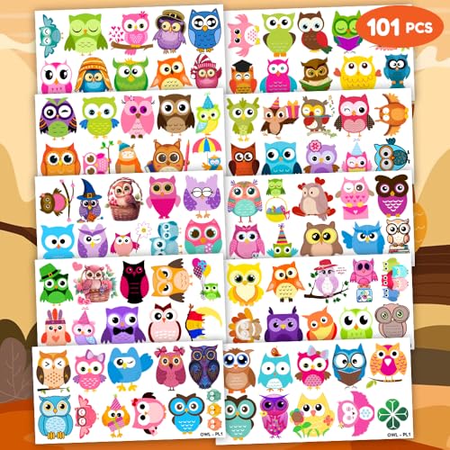 101 PCS Owl Temporary Tattoos - 10 Sheets Party Favors