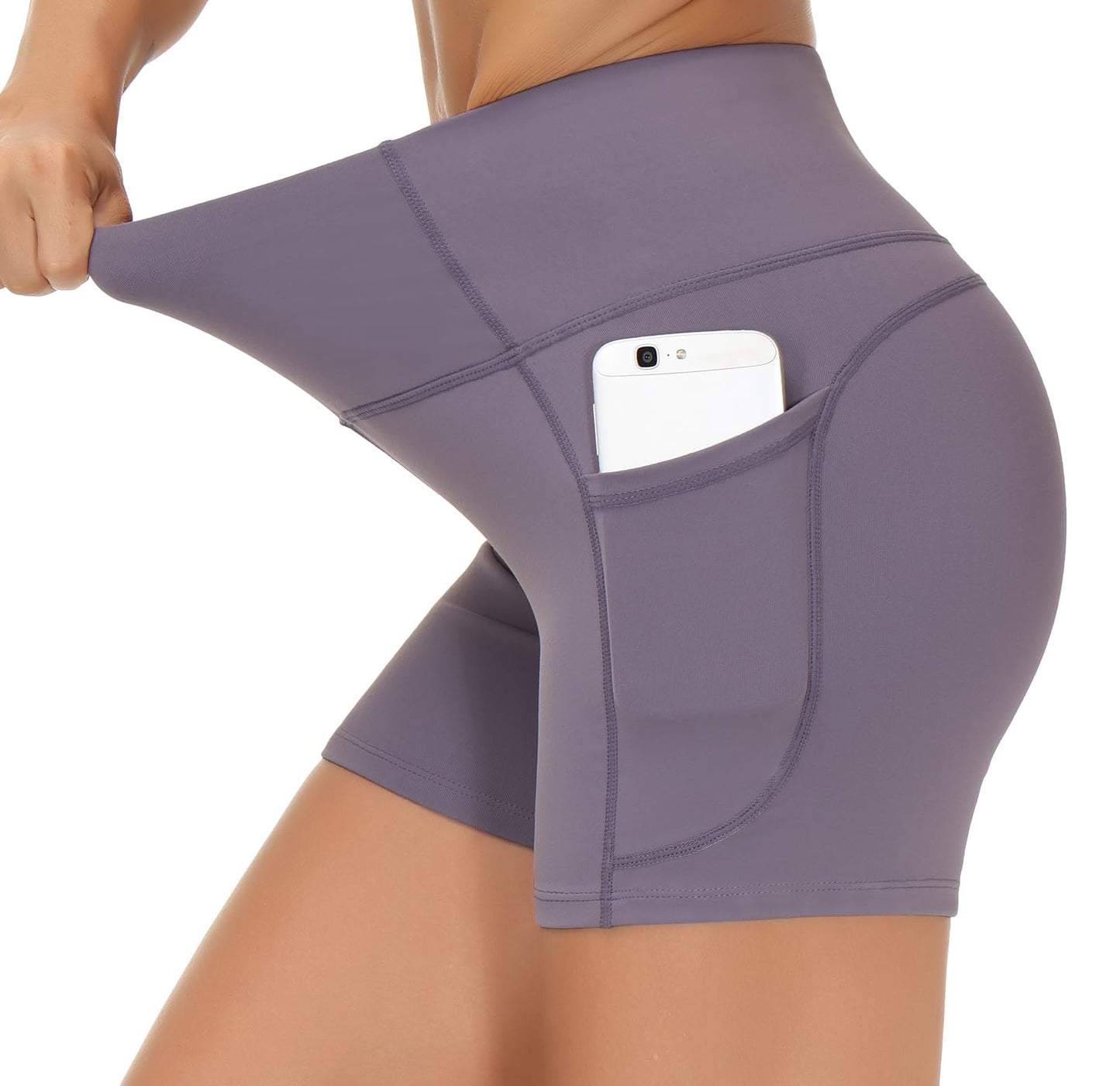 THE GYM PEOPLE High Waist Yoga Shorts for Women's Tummy Control Fitness Athletic Workout Running Shorts with Deep Pockets Grey Purple