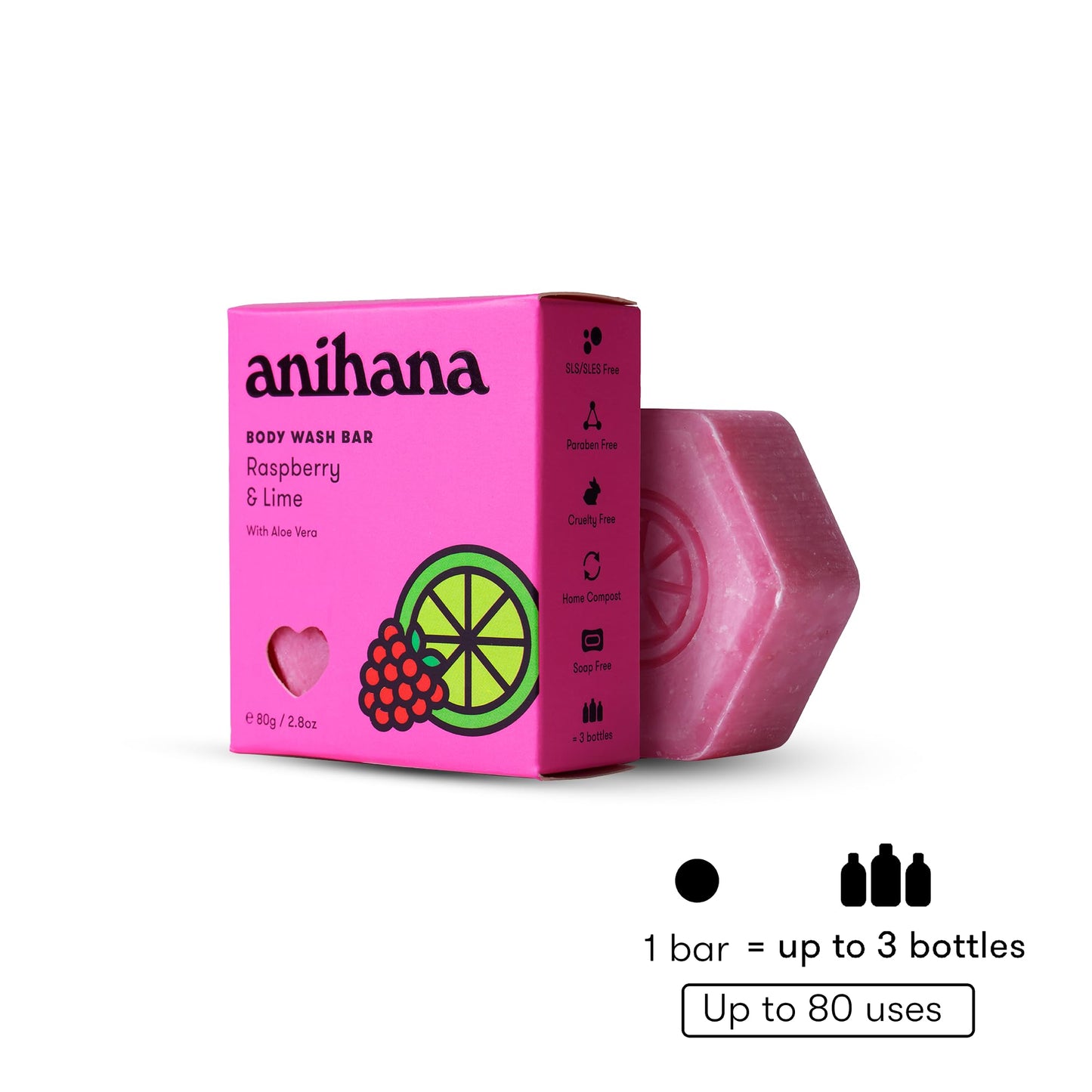 ANIHANA Body Wash Bar with Coconut Oil and Aloe Vera, Soap Free, Moisturizing, Gentle, Soft Skin Care, Refreshing Raspberry & Lime Scent 2.8 Oz