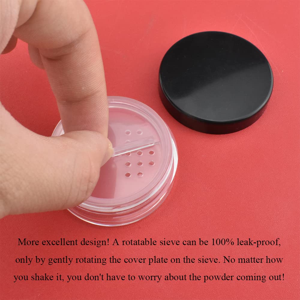 HAHIYO 4Pcs 10ml/0.34oz Plastic Empty Travel Powder Container Small Loose Powder Compact Case Makeup Cosmetic Jar Refillable Powder Box No Leak Powder Holder with Rotatable Sifter and Black Screw Lid