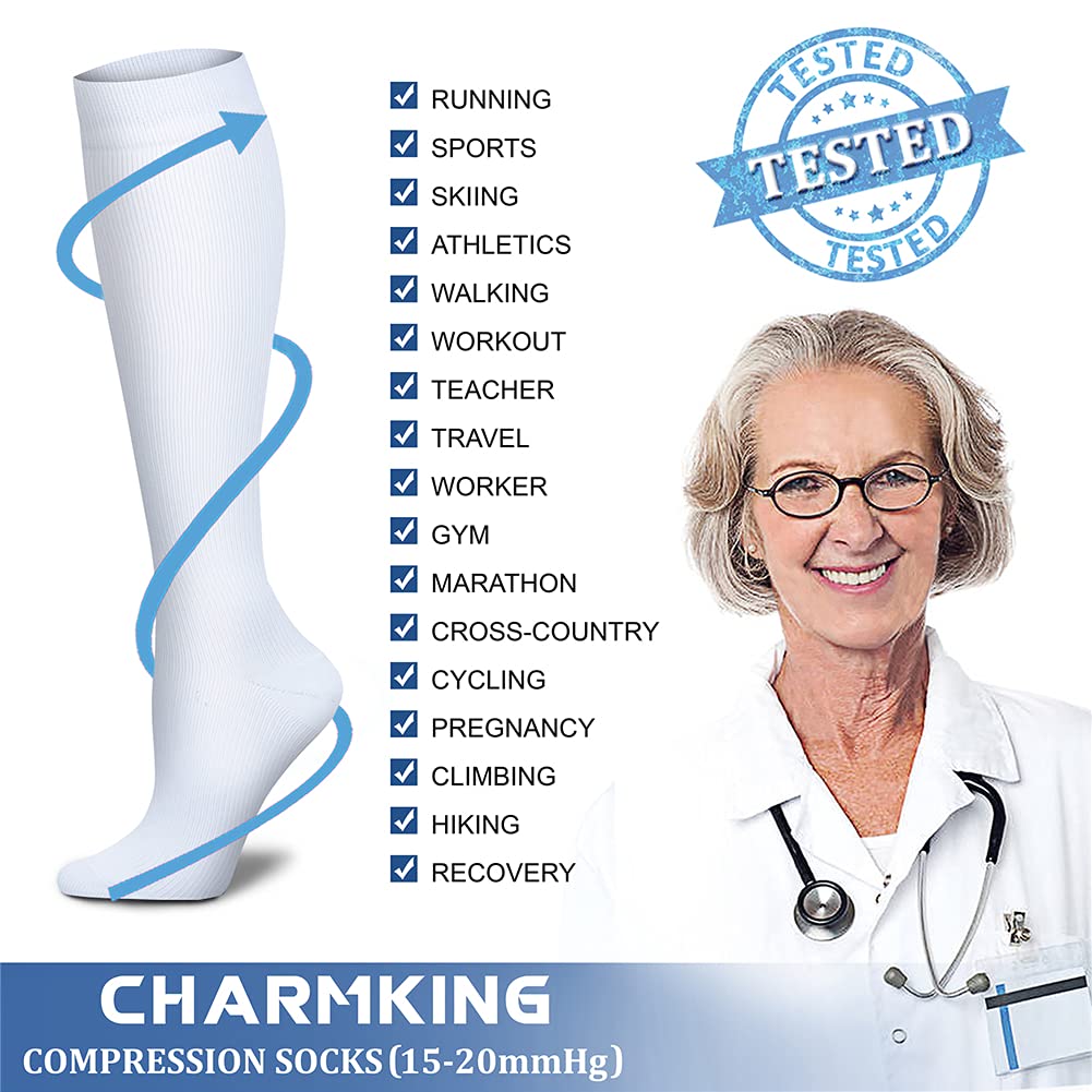 CHARMKING Compression Socks for Women & Men Circulation (3 Pairs) 15-20 mmHg is Best Athletic for Running, Flight Travel, Support, Cycling, Pregnant - Boost Performance, Durability (S/M, White)