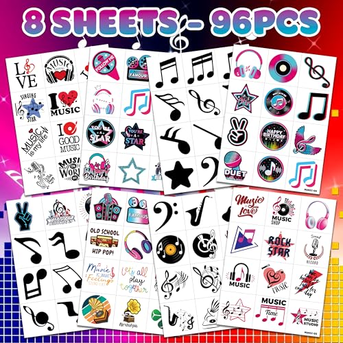 96 PCS Music Note Temporary Tattoos for Kids | 8 Sheets