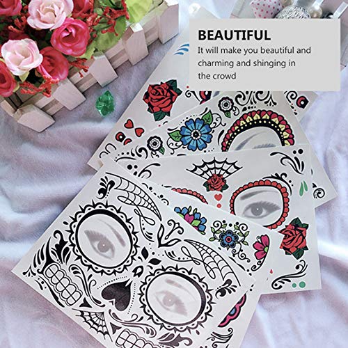 Day of the Dead Face Tattoo Halloween Makeup Tattoos Decor Stickers Sugar Skull Temporary Tattoo for Halloween Masquerade Party with Floral, Glitter Roses, Web and Floral Skeleton Design 5 PACK