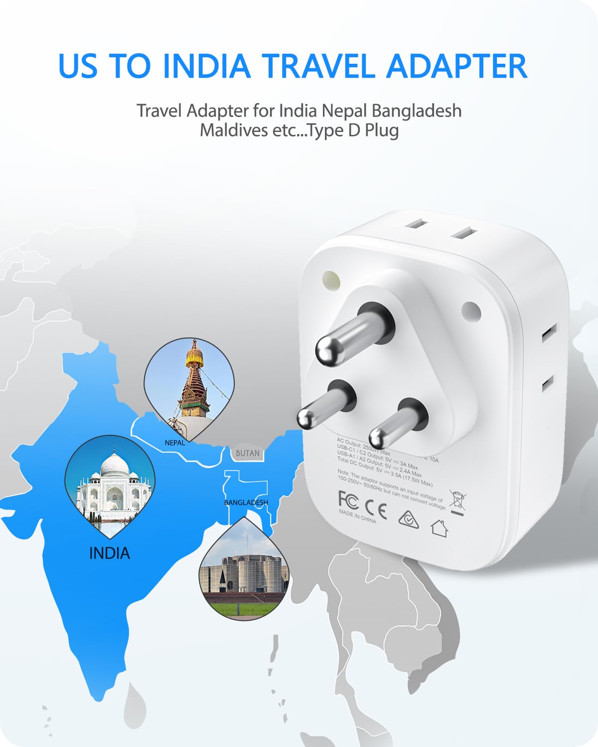 LENCENT US to India Power Plug Adapter, Indian Travel Adaptor with 4 Outlets, 4 USB Charger(2 USB C), Type D Plug Converter for USA to India Nepal Bangladesh Maldives Pakistan, Safe Grounded