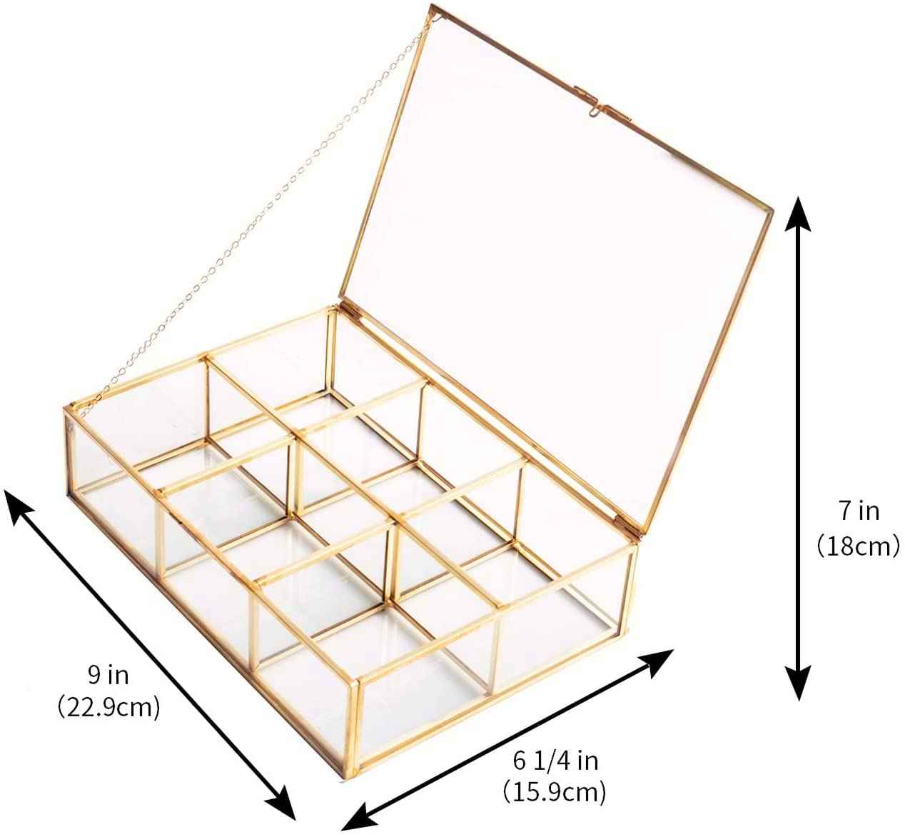 Levilan Golden Vintage Glass Box Clear Glass & Brass Metal Storage Jewelry and Cosmetic Makeup Lipstick Holder Organizer Beauty Display, 6 Compartment