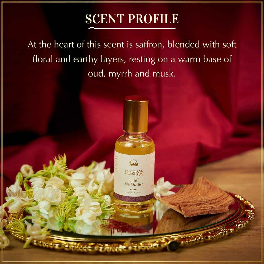Dukhni Oud Mukhalat Attar Oil Arabic perfume oils for men and women, without alcohol | 30ml Pure roll on perfume, saffron oud oil | Eid, Ramadan, Umrah Haj Gifts, Islamic Fragrances