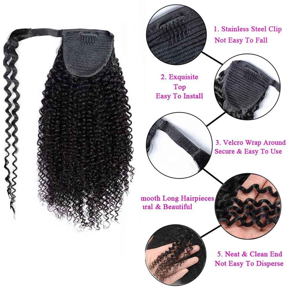 Kiss darling LASHES Kinkys Coily Human Hair Ponytail Extensions, Black Ponytail Extension Short Afro Curly Wrap Around Pony Tail Hairpiece for Women 12inch 100g,Natural Black 1b