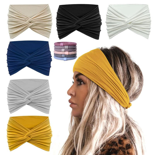 GiLi 7” Extra Wide Headbands for Women Non Slip Large Turban Stretchy Elastic Soft Hair Wraps Twisted Knotted Fashion Head Bands Hair Accessories (with 6 Pcs Hair Ties)