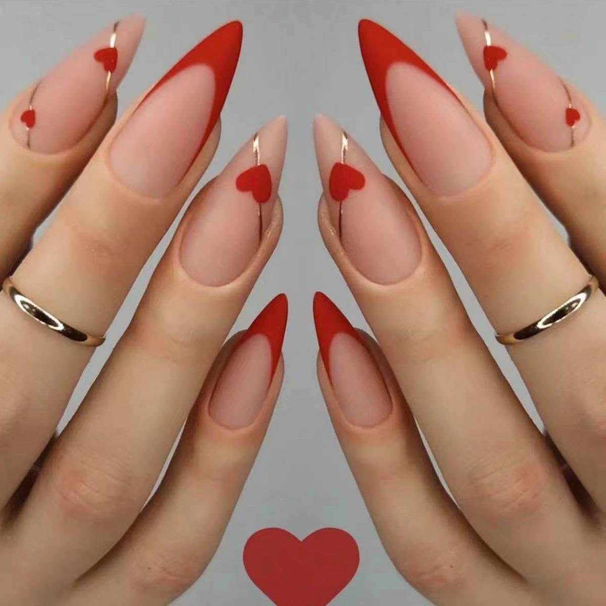 Valentines Nails Red French Tip Press on Nails Medium Almond Fake Nails with Heart Gold Line Design Glue on Nails Red Artificial Acrylic Nails Love Heart Stick on False Nails for Women 24PCS