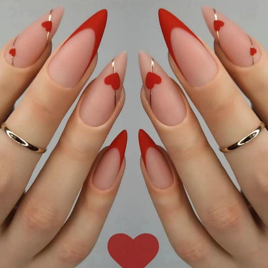 Valentines Nails Red French Tip Press on Nails Medium Almond Fake Nails with Heart Gold Line Design Glue on Nails Red Artificial Acrylic Nails Love Heart Stick on False Nails for Women 24PCS