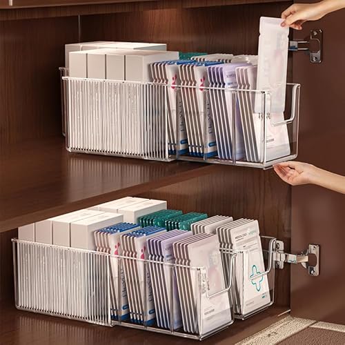 2 Pack Extendable Acrylic Makeup Organizer with Removable Dividers - Waterproof Bathroom Storage for Sheet Masks/Essences/Cosmetics, Clear Visible Design, Space-Saving Vanity Organizer