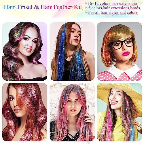 ROADPLUM Hair Tinsel Kit with 16 Colors & Hair Feathers for Party & Cosplay