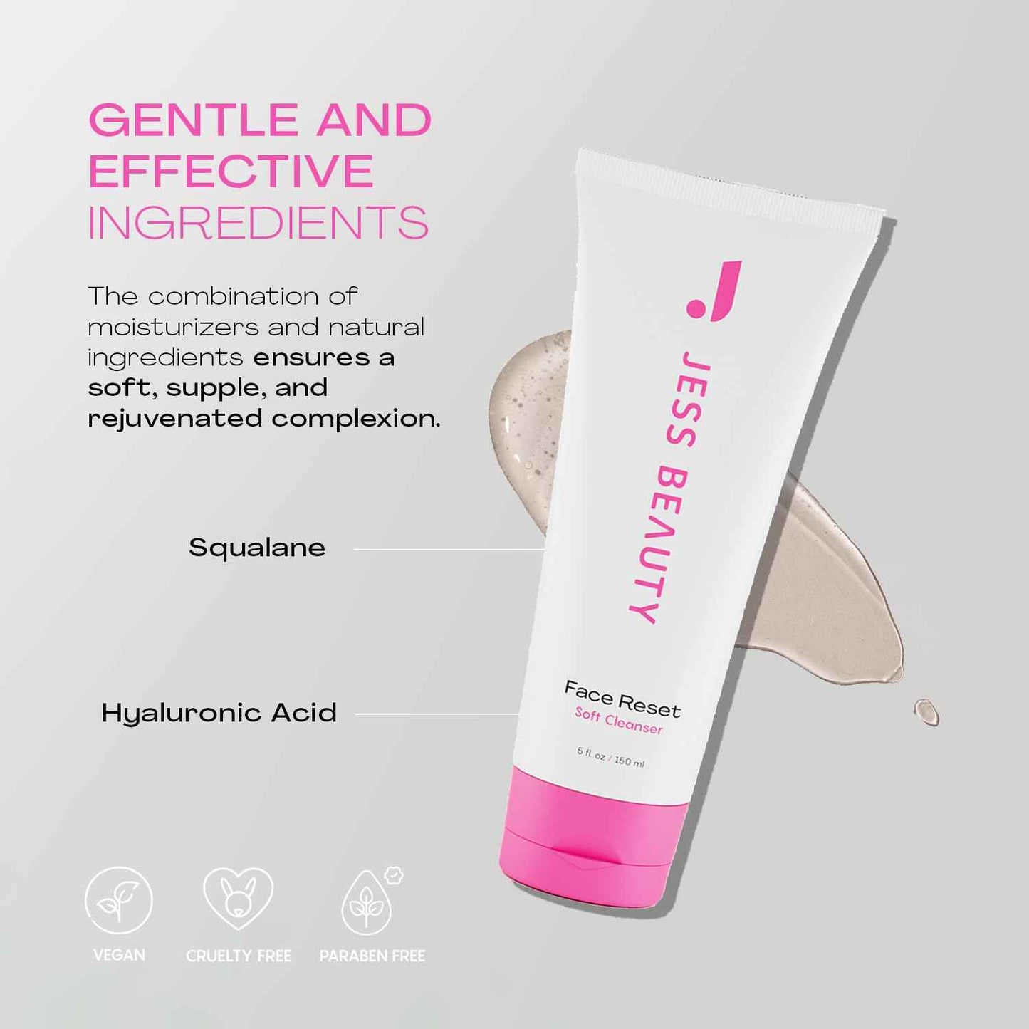 JESS BEAUTY | Face Reset Soft Face Cleanser with Squalane & Hyaluronic Acid 5 fl. oz | Skincare Face Moisturizer
