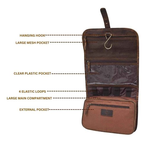 Autentico Leather Genuine Buffalo Leather Hanging Toiletry Bag with Waterproof Lining for Men & Women Handcrafted Vintage Distressed Brownn Leather Dopp Kit, Travelling Kit (Dark Brown)
