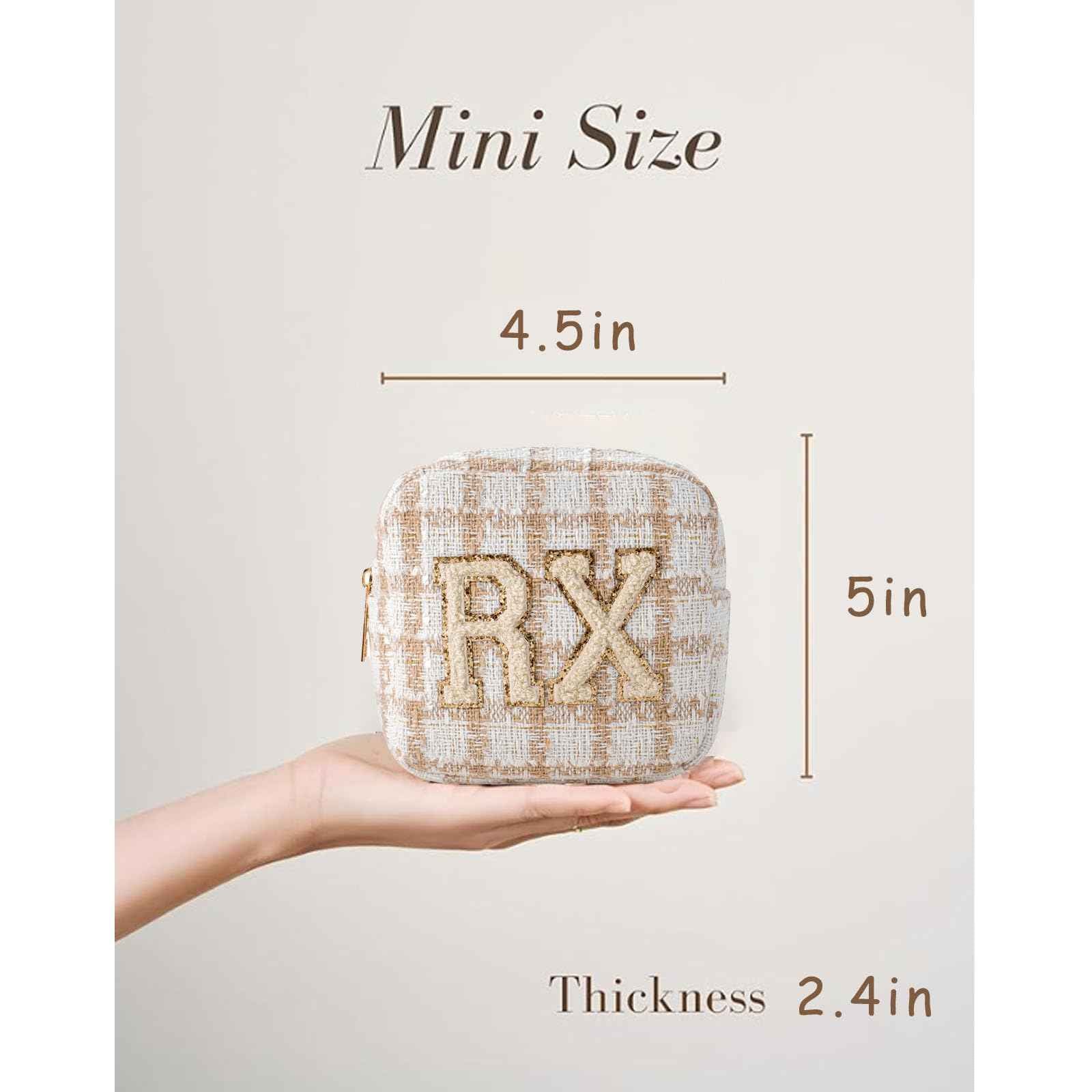 RSRSLEII Small Medicine Bag for Travel, Personalized RX Chenille Letters Checkered Pouch for Women and Girls, Cute Meds Drug Makeup Bags with Zipper (01Beige Checkered)