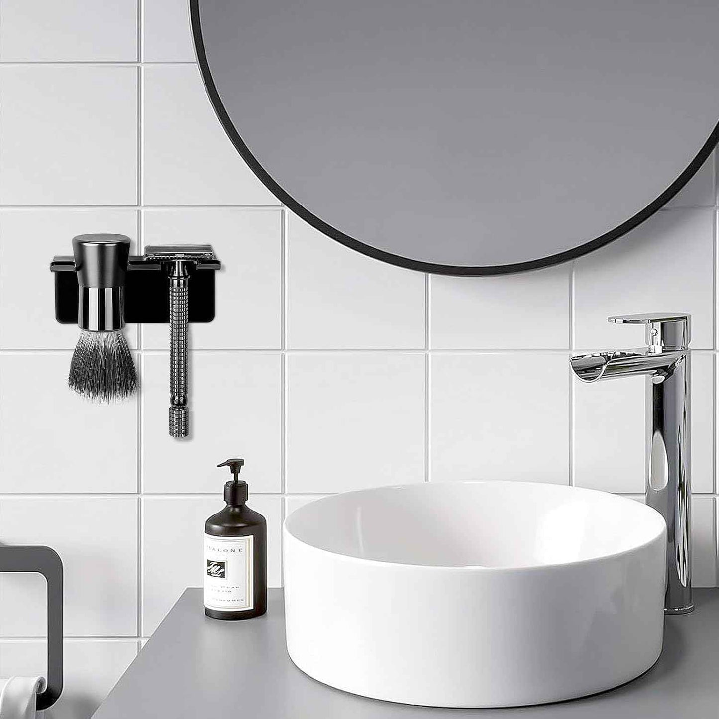 LUEXBOX 2 Pack Safety Razor Holder for Shower Wall, Self Adhesive Razor and Brush Stand for Bathroom, Shaving Brush Stand Compatible with Fusion 5 Proglide, Mach 3 Classic(Black Clear)