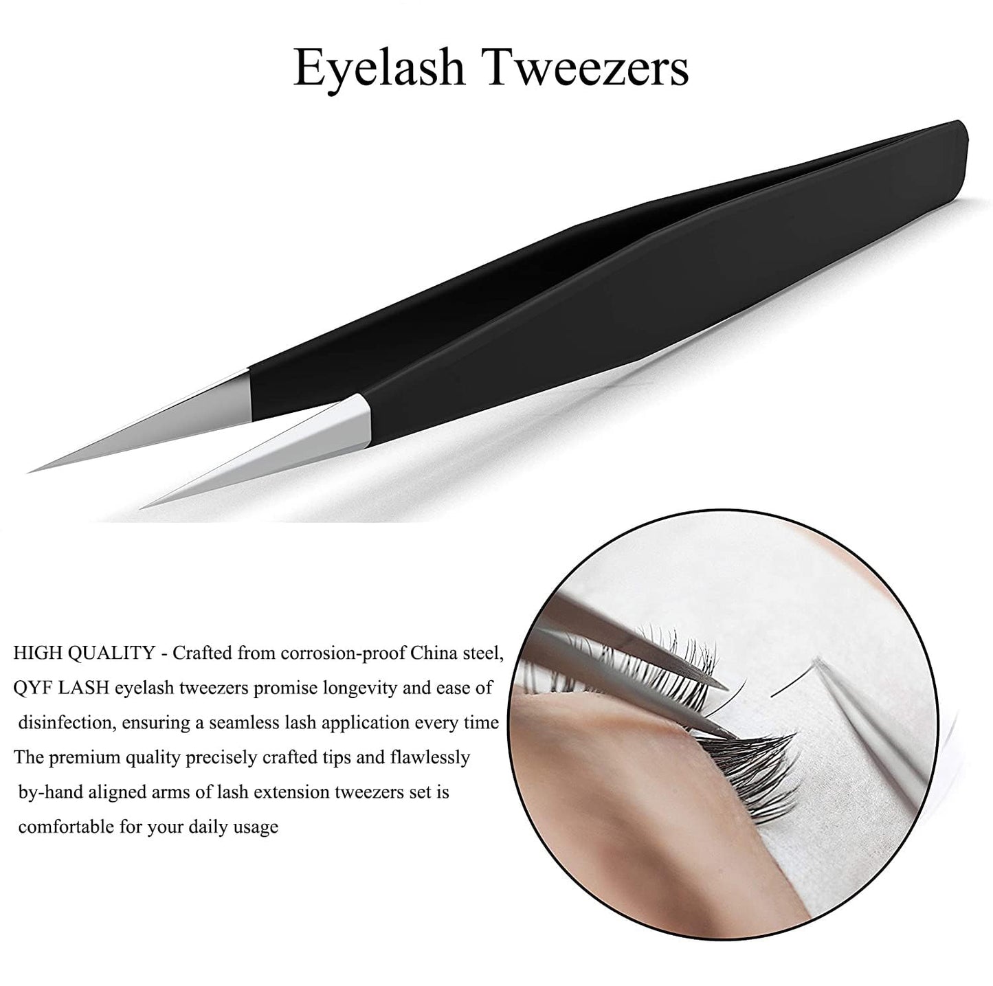 Eyelash Extension Tweezers Stainless Steel Straight Tip Eyelash Tweezers for Eyelash Extension Applications Tools(Black)