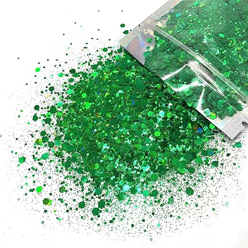 Green Body Glitter - 15g Chunky Holographic Face Glitter, Hair Glitter, Eye Glitter and Body Glitter for Women. Rave Glitter, Festival Accessories, Cosmetic Glitter Makeup. Loose Glitter Set