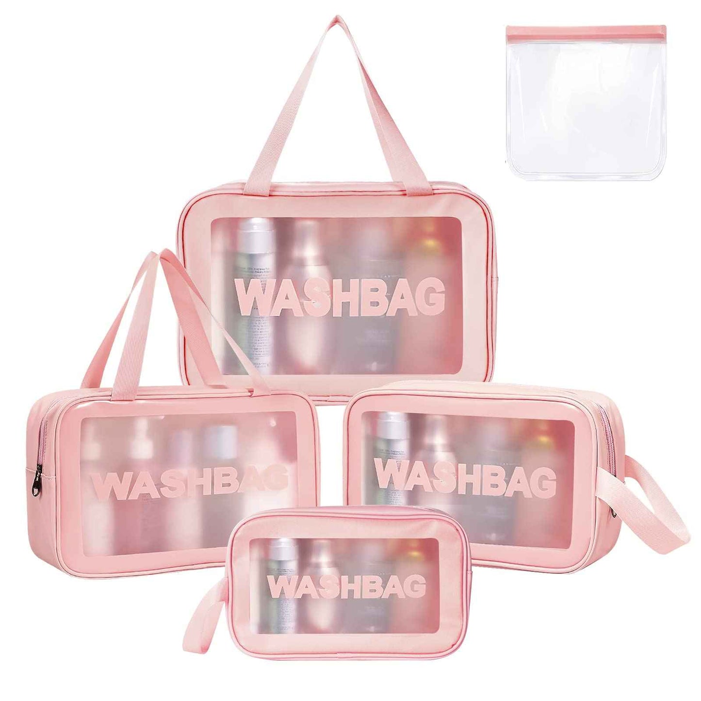 Aucuu 5PCS Clear Toiletry Bags, Wash Bag, Clear PU Makeup Bag, Waterproof Toiletry Travel Bag with Zipper Handle, Portable Airport Cosmetic Bag for Travel Bathroom Men Women (Pink)