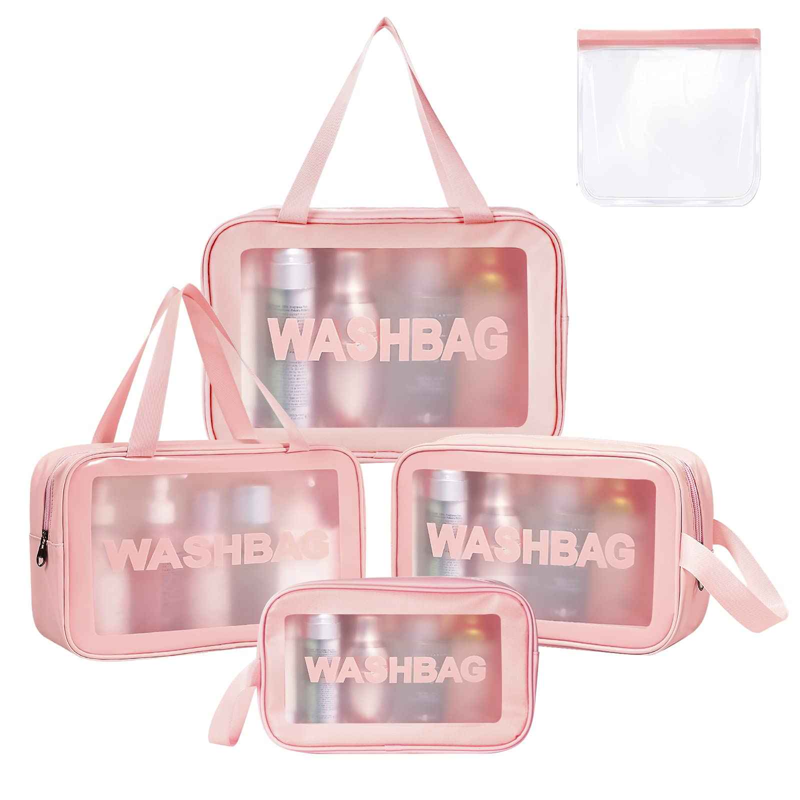 Aucuu 5PCS Clear Toiletry Bags, Wash Bag, Clear PU Makeup Bag, Waterproof Toiletry Travel Bag with Zipper Handle, Portable Airport Cosmetic Bag for Travel Bathroom Men Women (Pink)