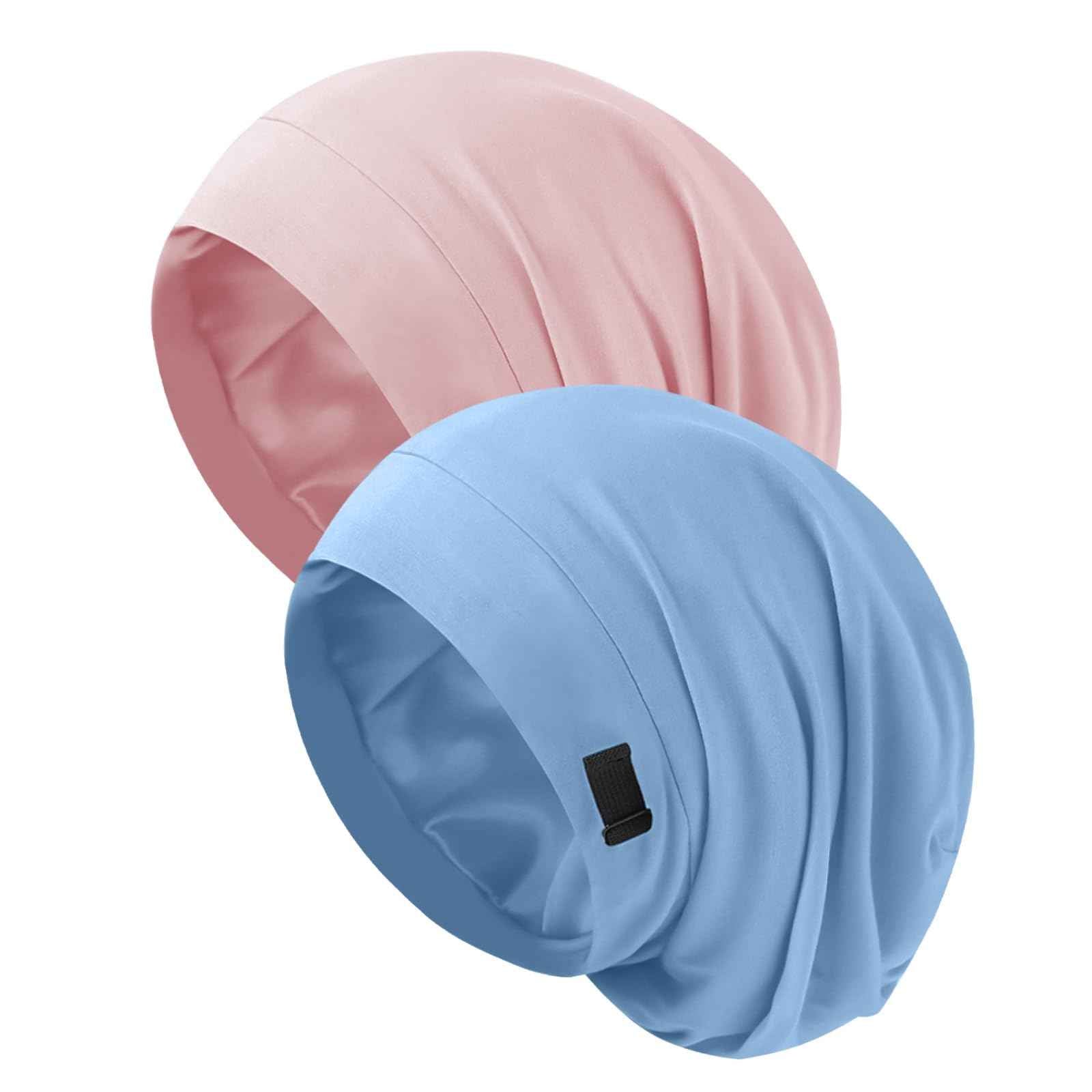 Silk Bonnet for Sleeping Women, Adjustable Silky Satin Lined Sleep Cap, Silk Hair Wrap for Sleep Night Cap for Natural Curly Hair 2PCS(Pink&Blue)