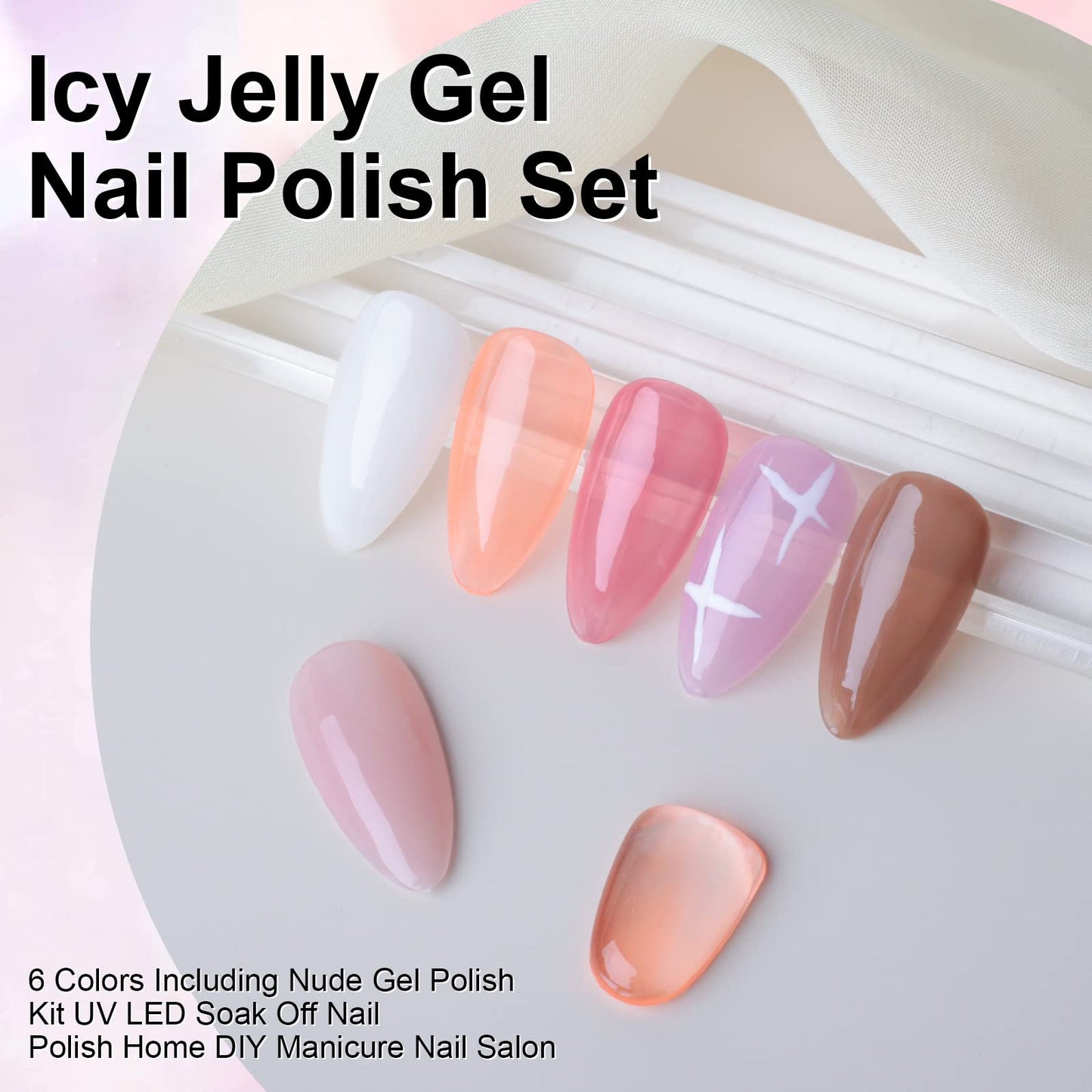 Imtiti Gel Nail Polish Kit, Jelly Pink Orange White Brown Gel Nail Polish Set of 6 Transparent Colors Sheer Gel Polish Kit