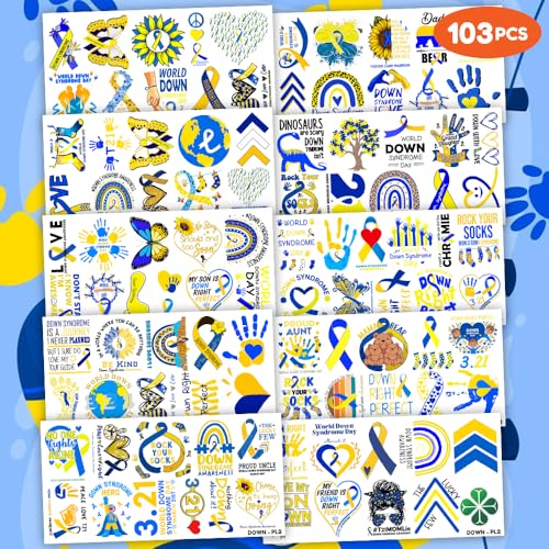 103 PCS Funny Down Syndrome Awareness Temporary Tattoos Stickers Theme Party Decorations Supplies Favors Decor Care Blue Yellow Ribbon Tattoo Sticker Gifts For Boys Girls Class Prizes Carnival
