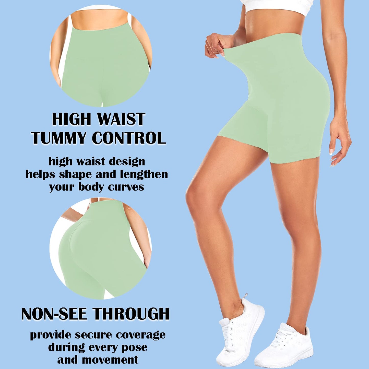 FULLSOFT High Waisted Biker Shorts for Women-5" Tummy Control Fitness Athletic Workout Running Yoga Gym Soft Shorts (Light Green,Small-Medium)