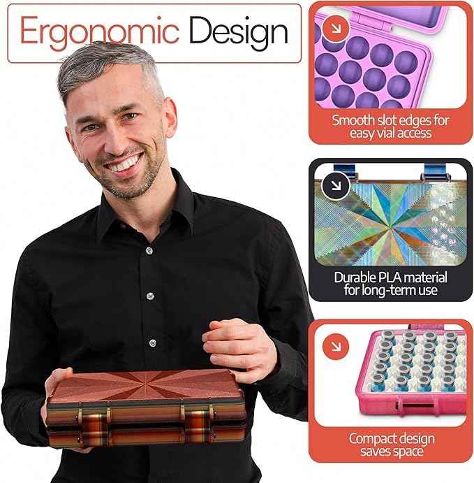 Planitia Corp. 3D Printed Vial Storage Case - Waterproof 3ml Vial Storage Case with 25 Slots - Freezer Safe Hard Shell Essential Oil Case for Home, Fridge, Travel, 16mm Max Diameter, 35mm Max Height