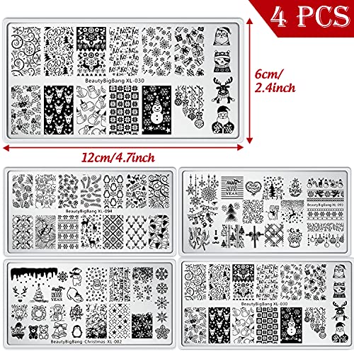 4 Pieces Christmas Nail Art Stamping Plates with Snowflakes Snowman Christmas Tree Santa Image Stamp Templates Kit DIY Stainless Steel Nail Image Polish Template Kit Manicure Stencils Tools