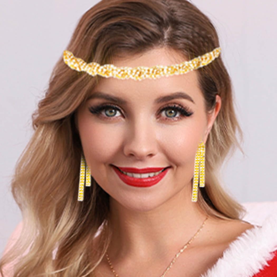 Fstrend Christmas Rhinestone Headband Gold Tassel Earrings Elastic Crytal Headpieces Xmas for Women (Gold)