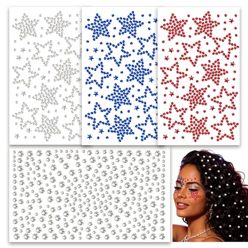 Go Ho 4th of July Star & Round Face Gems, 4 Sheets Self-Adhesive Patriotic Rhinestones – 02 Style