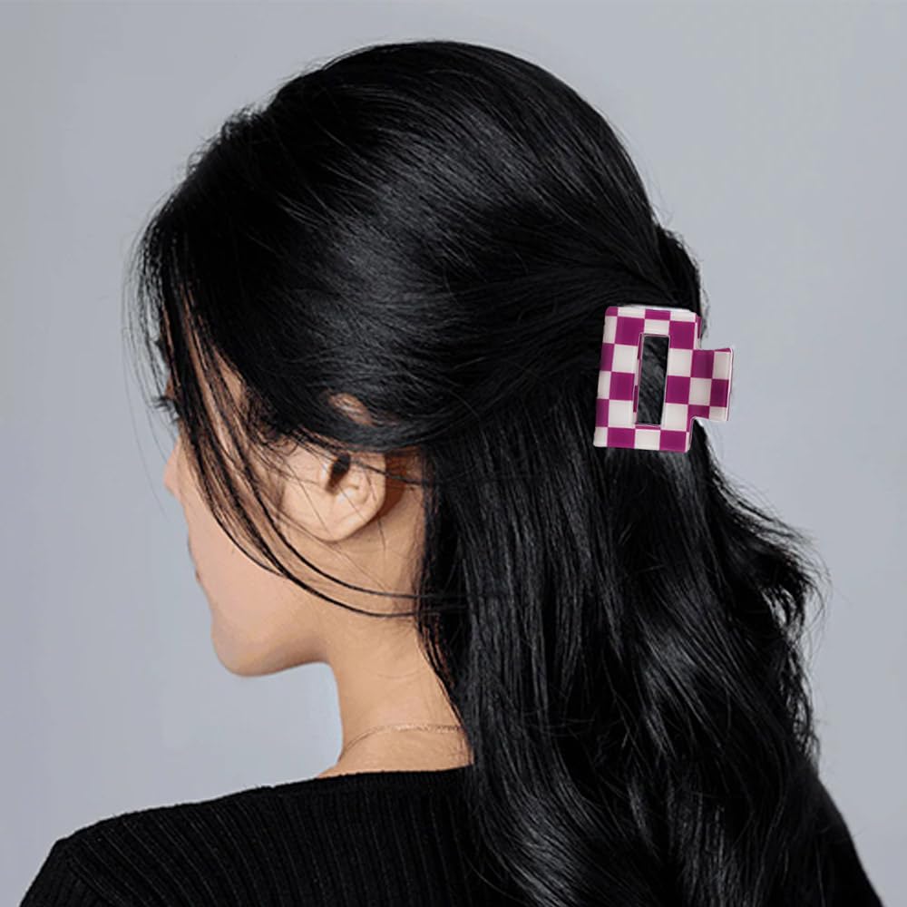 Chess Board Hair Clips for Women Cute Checker Claw Clip for Girls Hair Clips Claw Hair Accessories Small Size Purple White, 2 Pack